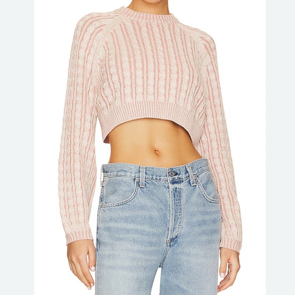NWT TULAROSA Laney Cropped Pullover Pink Cable Knit Crewneck Sweater Size Small